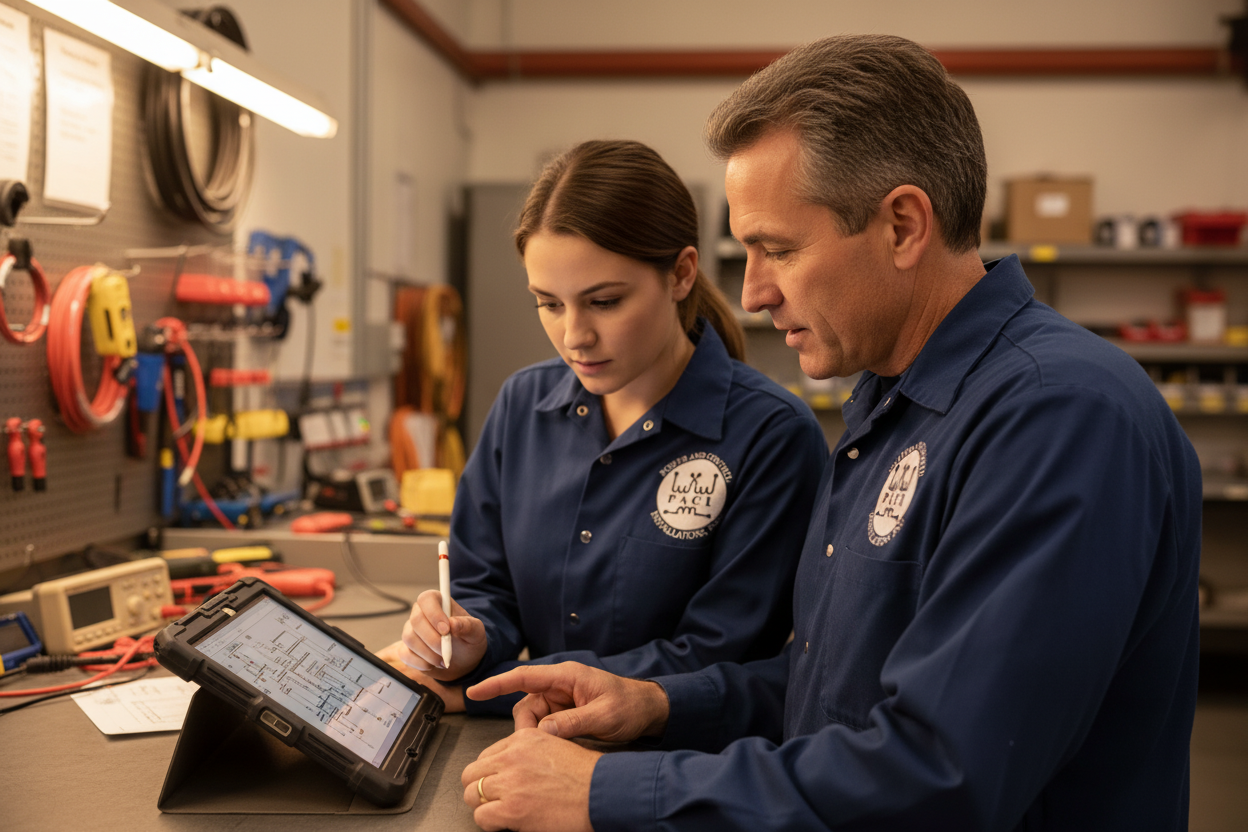 PACI electricians collaborating on wiring diagram