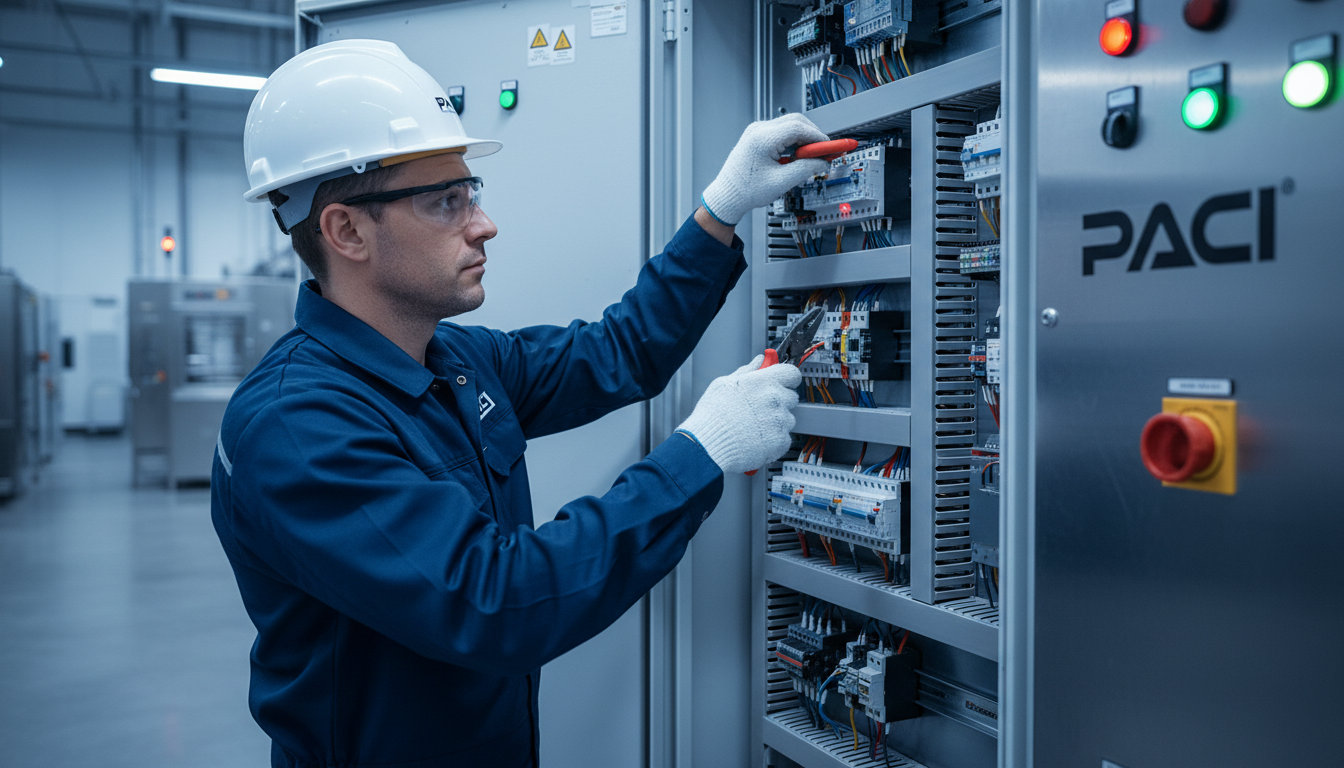 Industrial electrician working on complex electrical panel